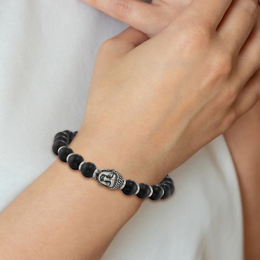 Stainless Steel Antiqued Buddha Black Agate Beaded Stretch Bracelet 7.25 inches