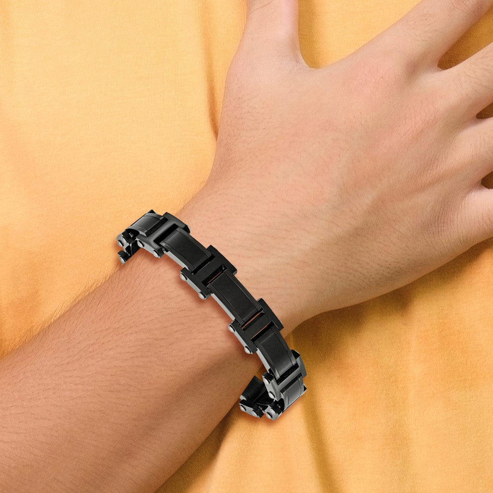 Stainless Steel Brushed and Polished Black IP-plated 8.25in Bracelet 8.25 inches