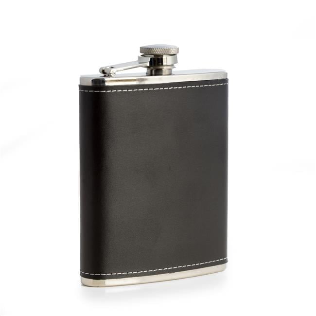 Bey-Berk International FS716B 6 oz Stainless Steel Leather Flask with Contrast Stitching - Black