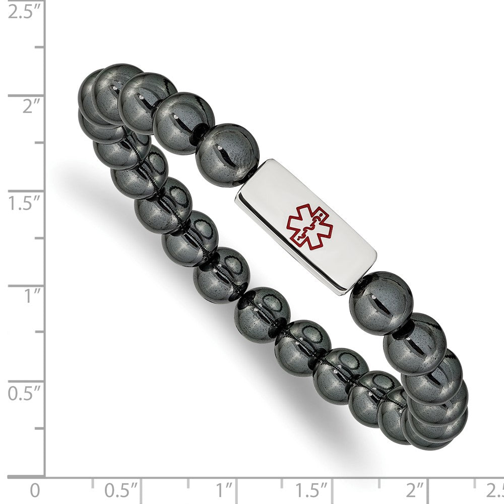 Stainless Steel Polished Enamel Medical ID Plate Hematite Stretch Bracelet