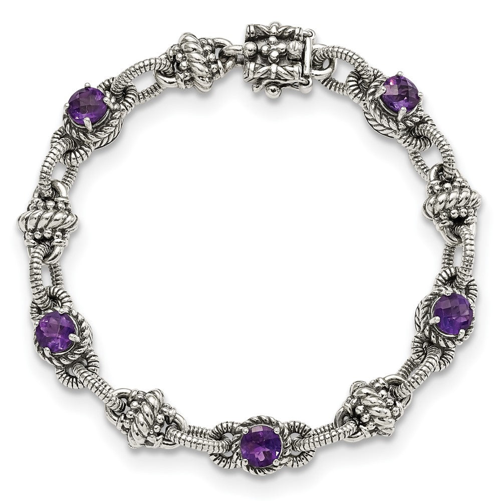 Shey Couture Sterling Silver Antiqued 7.75 Inch Round Amethyst Bracelet 7.75 inches