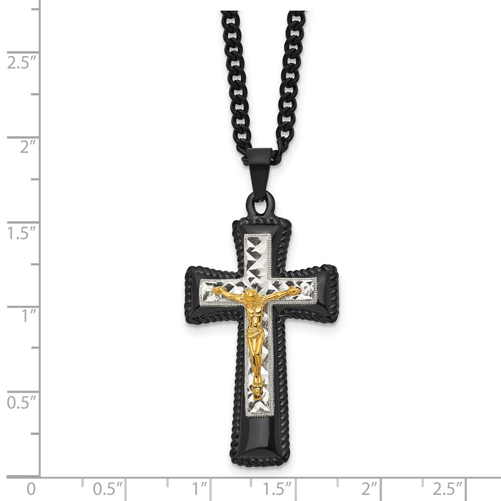 Stainless Steel Black & Yellow IP w/ Silver IP Brass Crucifix Necklace