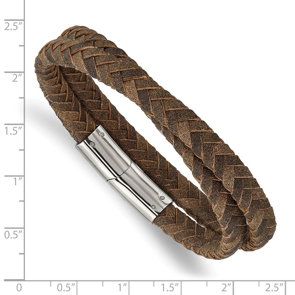 Stainless Steel Polished Brown Leather 14.75in Wrap Bracelet