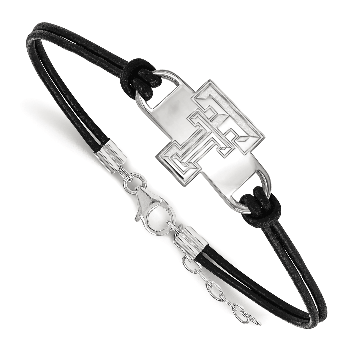 Sterling Silver Rhodium-plated LogoArt Texas Tech University Small Center Leather Bracelet