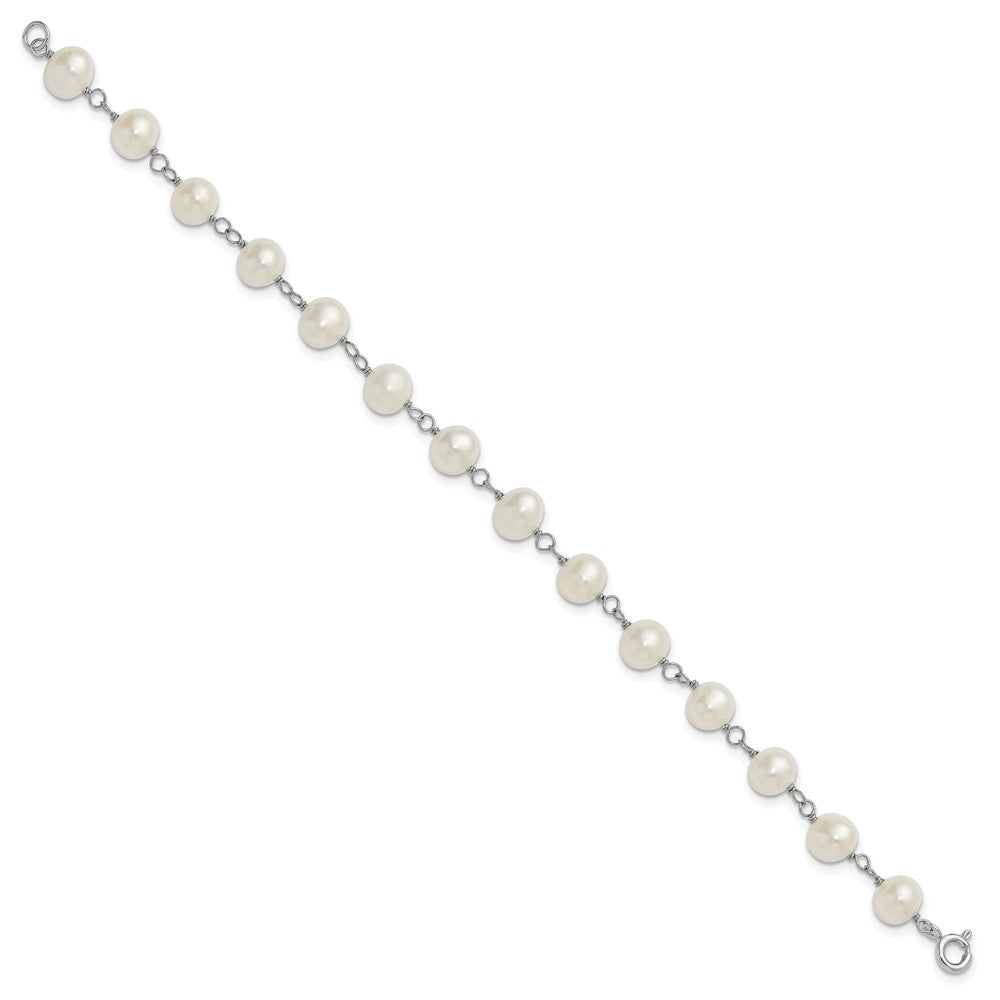 Sterling Silver Rhodium-plated 6-7mm Semi-Round White Freshwater Cultured Pearl 18 inch Necklace/7 inch Bracelet/Button Post Earring Set