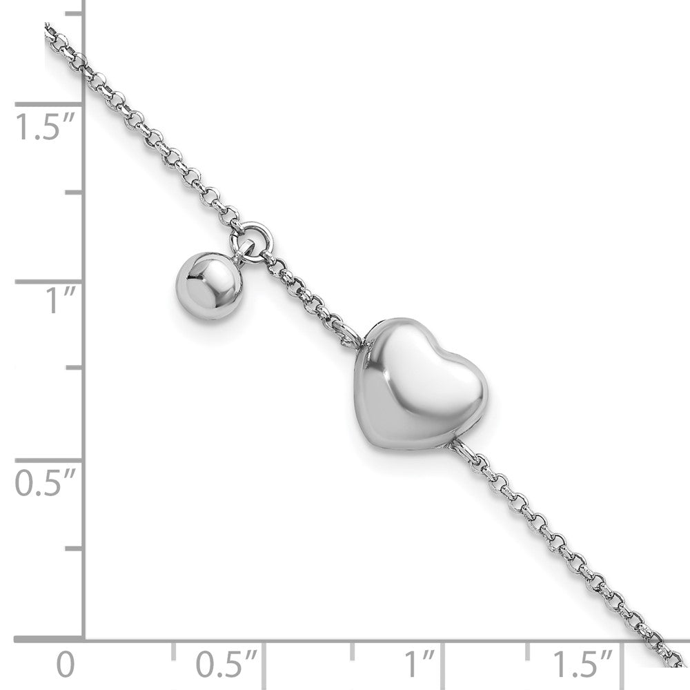 Sterling Silver Rhodium-plated Polished Puffed Heart and Ball 7 inch with 1 inch Extender Bracelet 8 inches