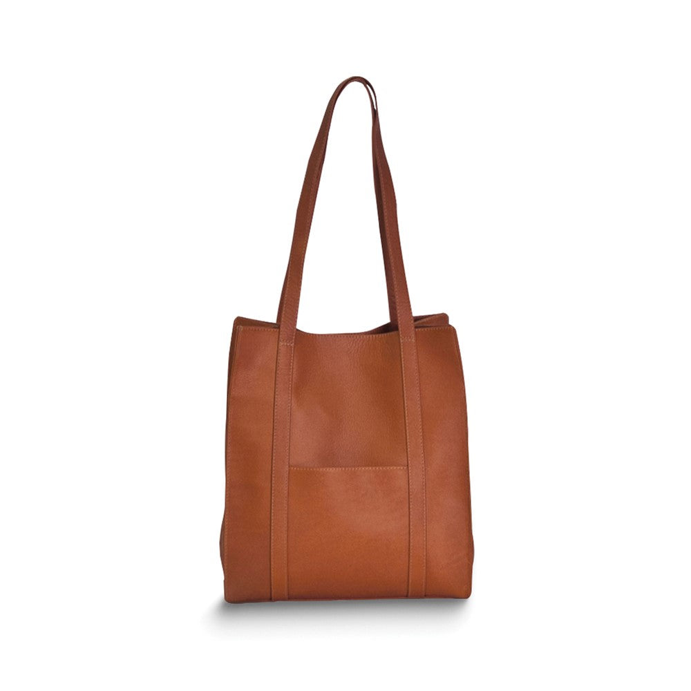 Tan Top Grain Cowhide Leather Snap-Top Tote Bag with Front Pocket and Interior Divider