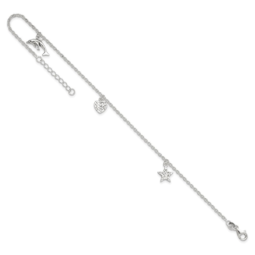 Sterling Silver Polished Heart, Star and Dolphin 9in Plus 1in Ext. Anklet 9 inches