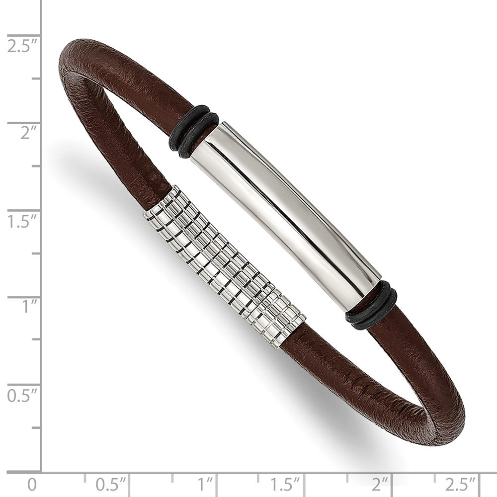 Stainless Steel Polished Black and Brown Rubber 8.5in Bracelet 8.5 inches