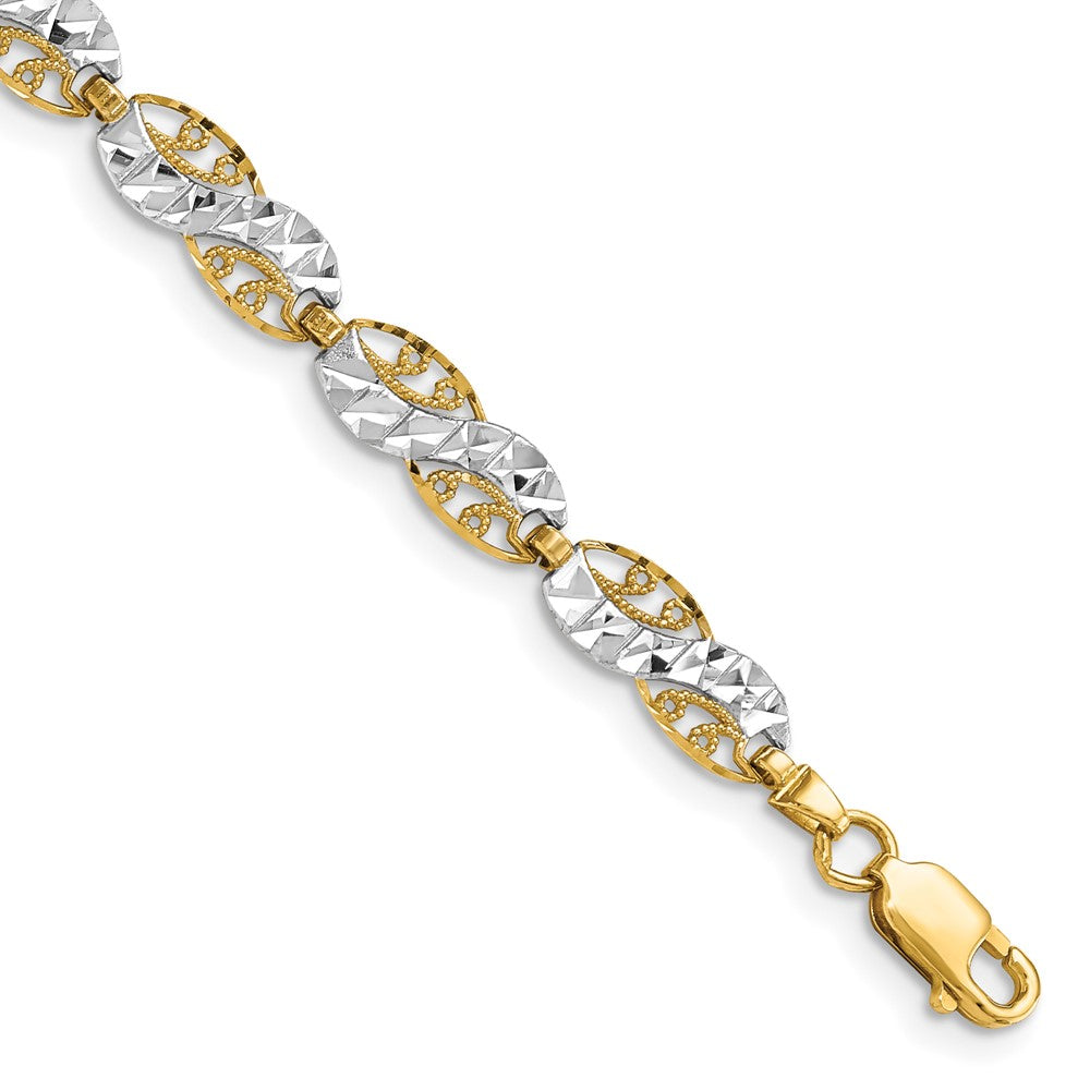 14K and White Rhodium Diamond-Cut Filigree Link Bracelet 7.5 inches