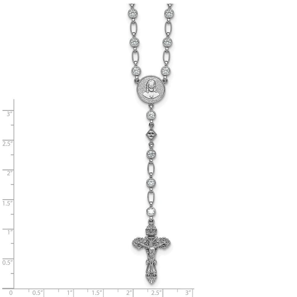 Sterling Silver Rhodium-plated Polished Round CZ 25.25 inch Rosary Necklace