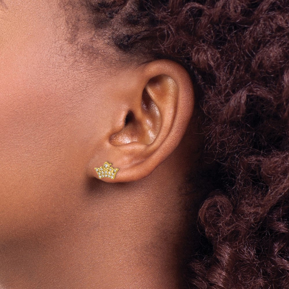 Stainless Steel Polished Yellow IP plated with CZ Crown Earrings