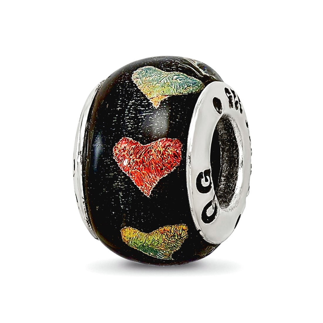 Sterling Silver Reflections Orange/Green Hearts Dichroic Glass Bead