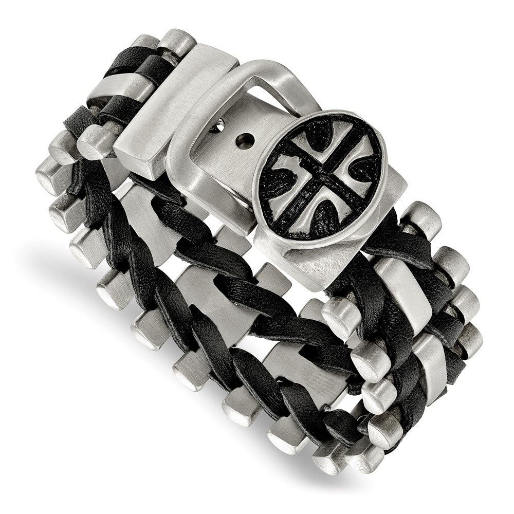 Stainless Steel Antiqued & Brushed Cross Black Leather Adj. Bracelet