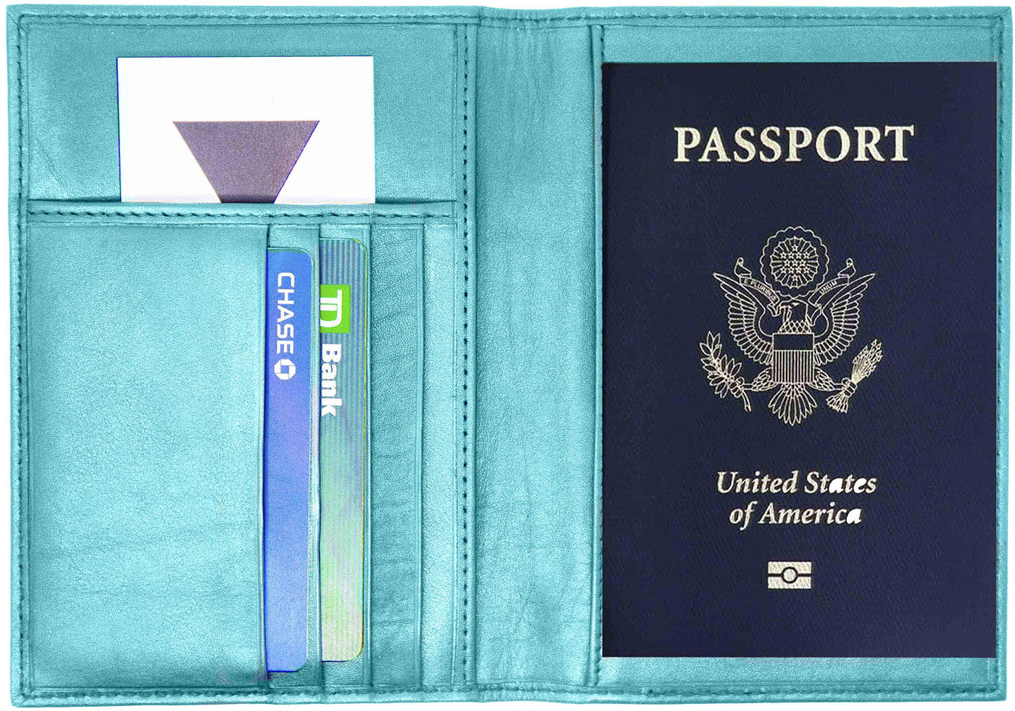 Aqua Genuine Cowhide Leather RFID Blocking Passport Wallet with 3 Interior Slots QGM22561