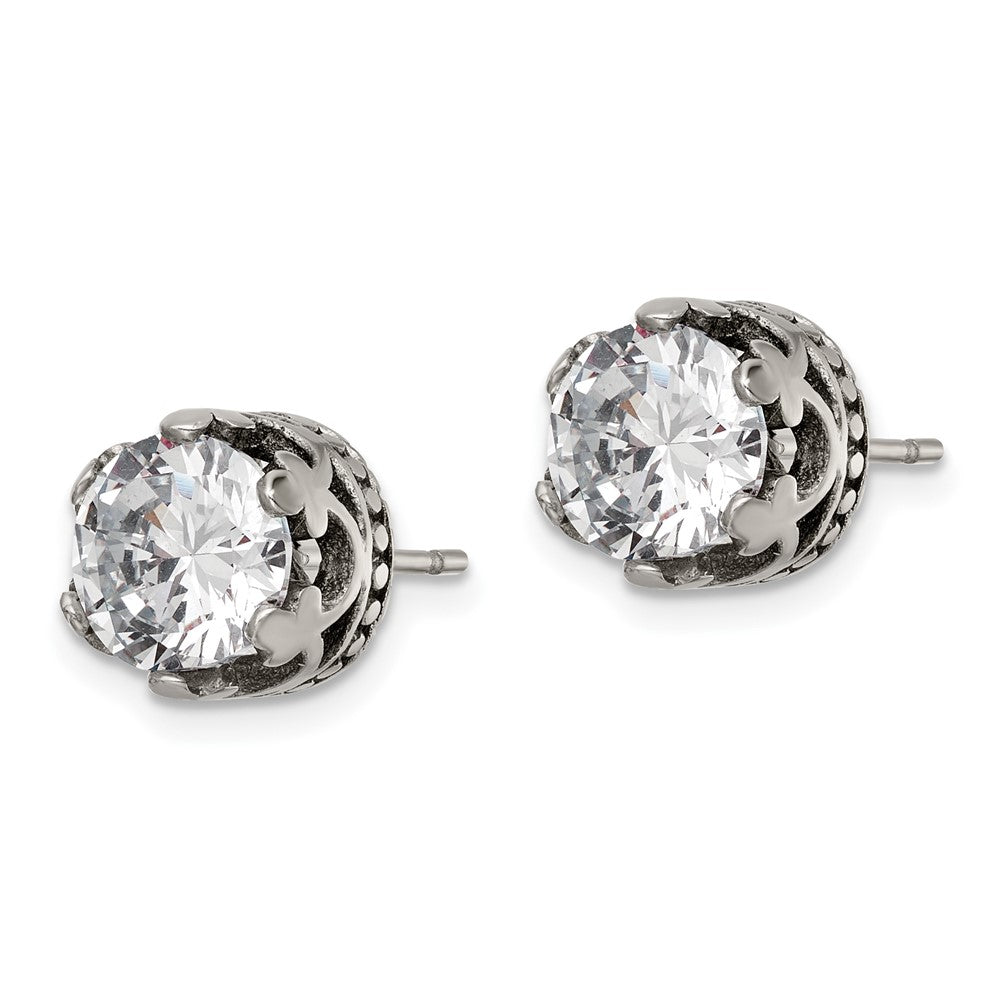 Stainless Steel Antiqued and Polished w/CZ Crown Post Earrings