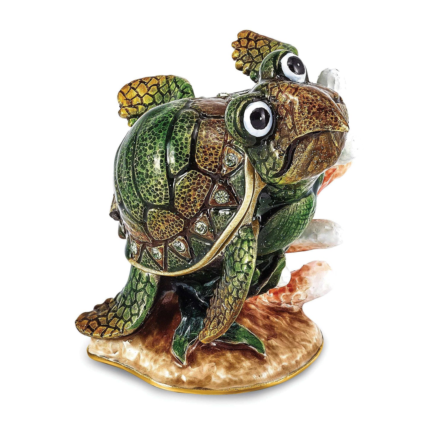Luxury Giftware Pewter Bejeweled Crystals Gold-tone Enameled JEREMY Green Sea Turtle Trinket Box with Matching 18 Inch Necklace Q-BJ4092