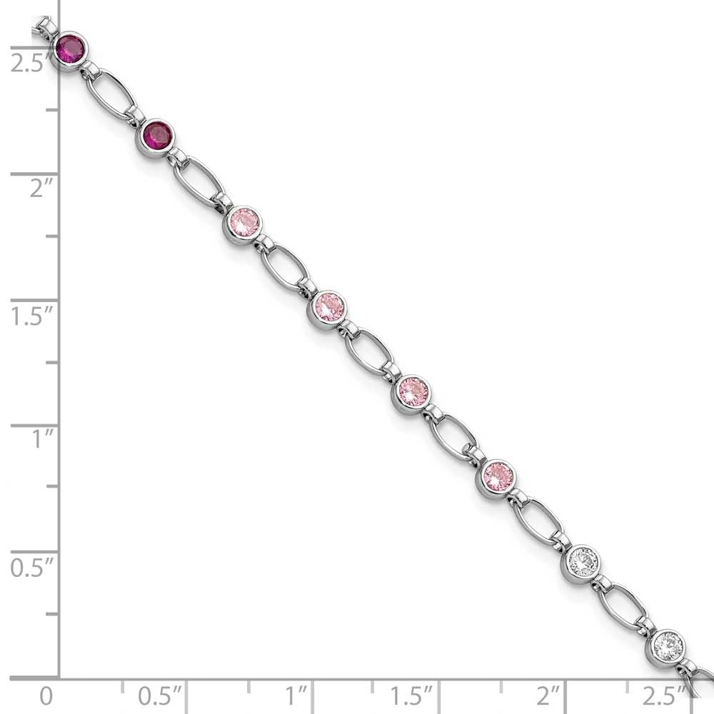 Sterling Silver Rhodium-plated Polished Red Pink Clear CZ Bracelet 7.25 inches