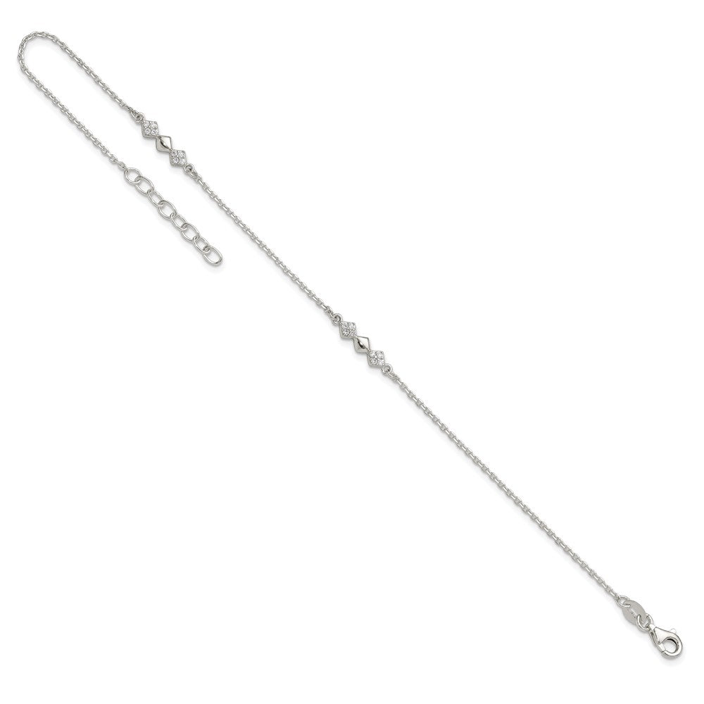 Sterling Silver CZ 3-Diamond Shapes 9in Plus 1 in Ext. Anklet 9 inches