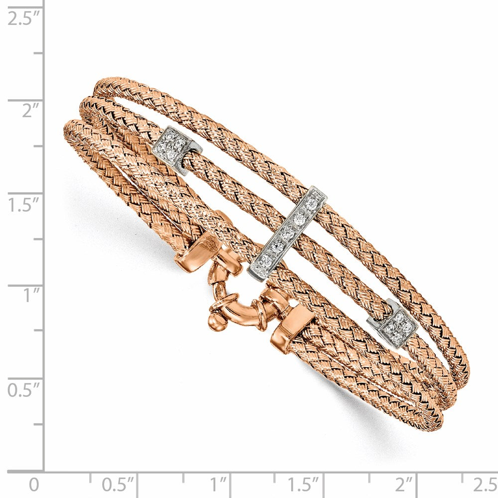 Sterling Silver Rose Gold-plated CZ Polished Woven Bracelet