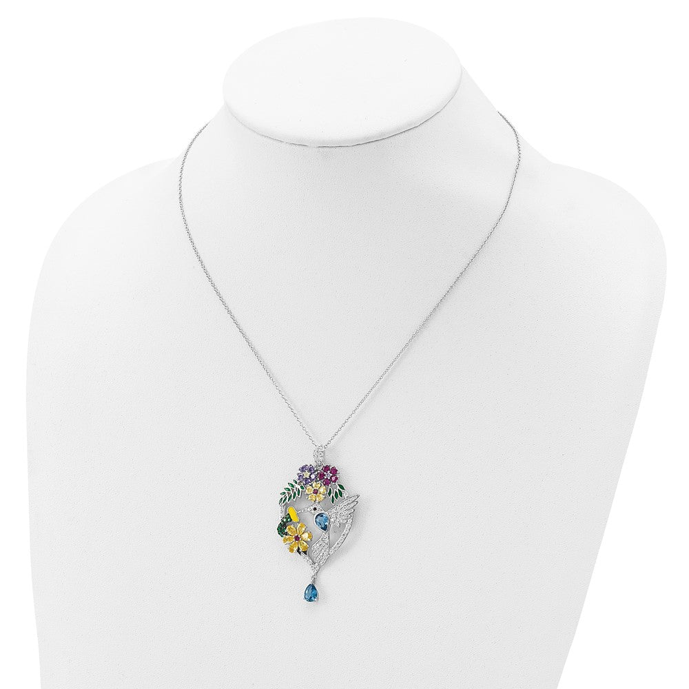 Cheryl M Sterling Silver Rhodium-plated Enameled Multicolor Brilliant-cut Glass and CZ Floral Hummingbird 18 Inch Necklace 18 Inches