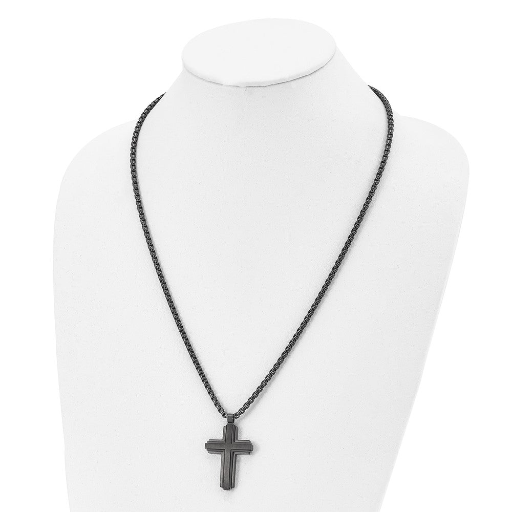 Stainless Steel Brushed and Polished Black IP-plated Cross 24in Necklace