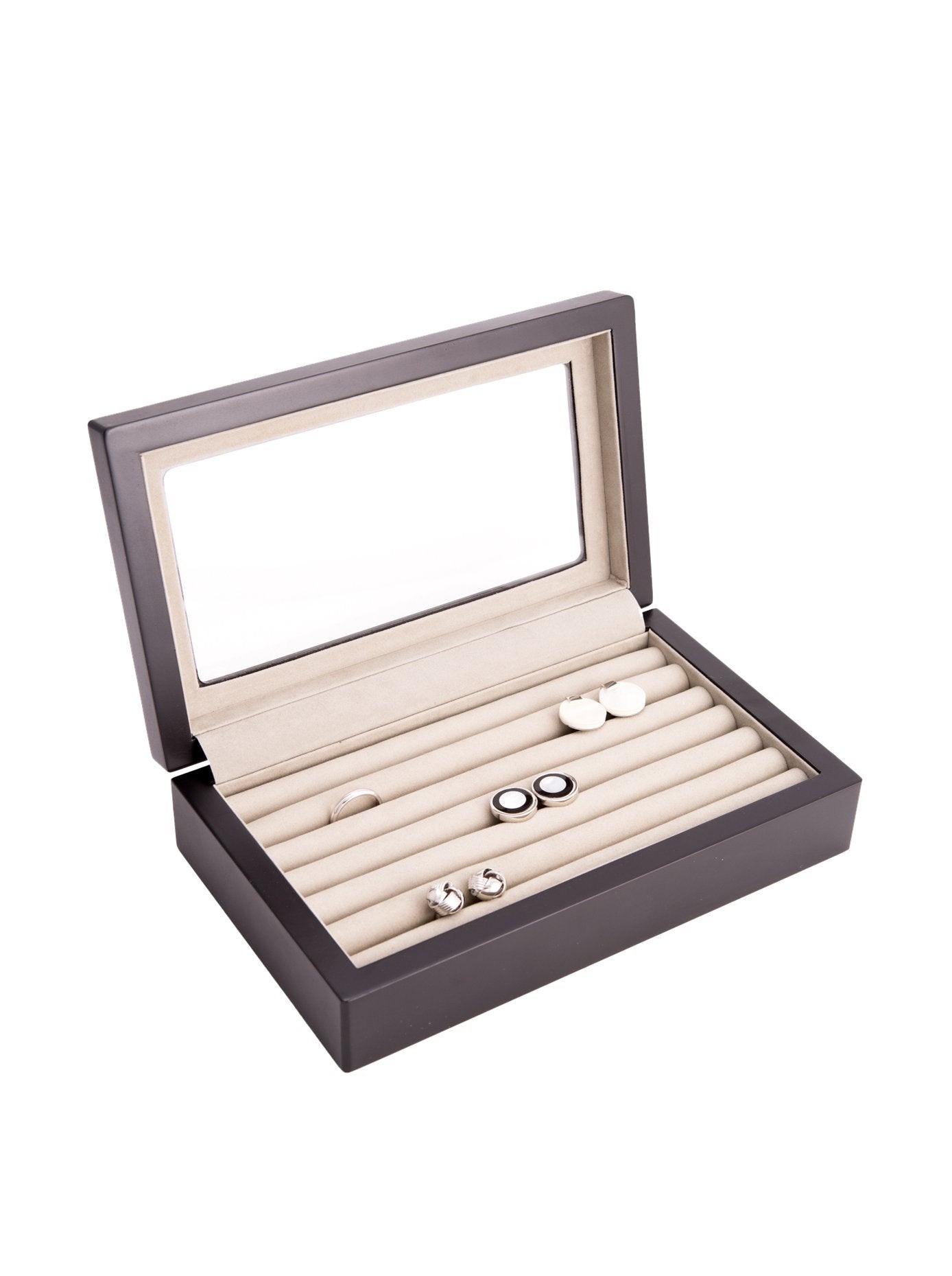 Matte Black Finish Glass Lid Velour Lined Wooden Cufflink/Ring Box QGM13305