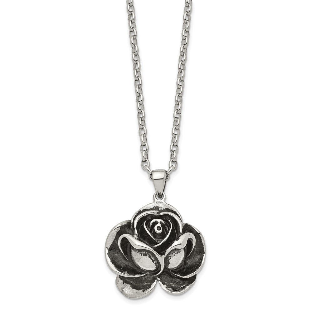 Stainless Steel Antiqued and Polished Flower 24in Necklace