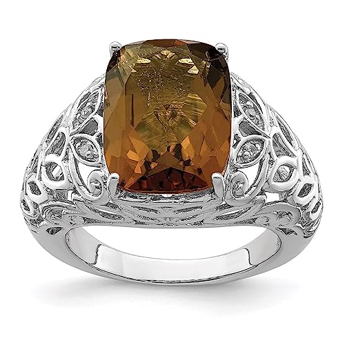 Sterling Silver Rhodium Whiskey Quartz & Diam. Ring