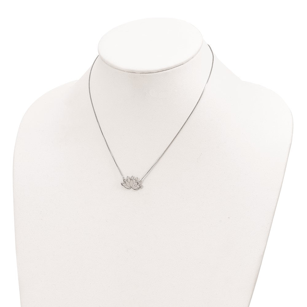 Sterling Silver Rhodium-plated CZ Lotus Flower Necklace 15 Inches