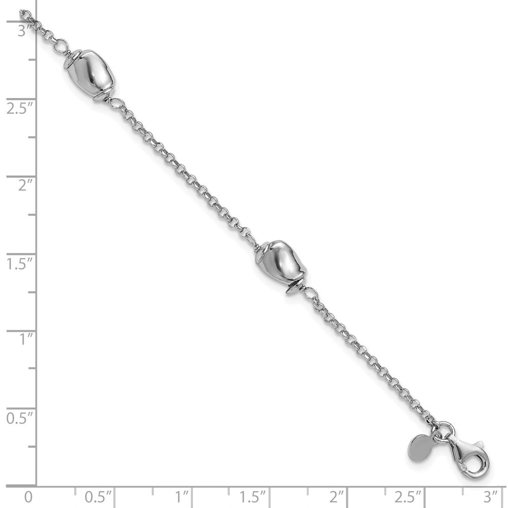Sterling Silver RH-plated Polished Beads w/1in ext. Bracelet