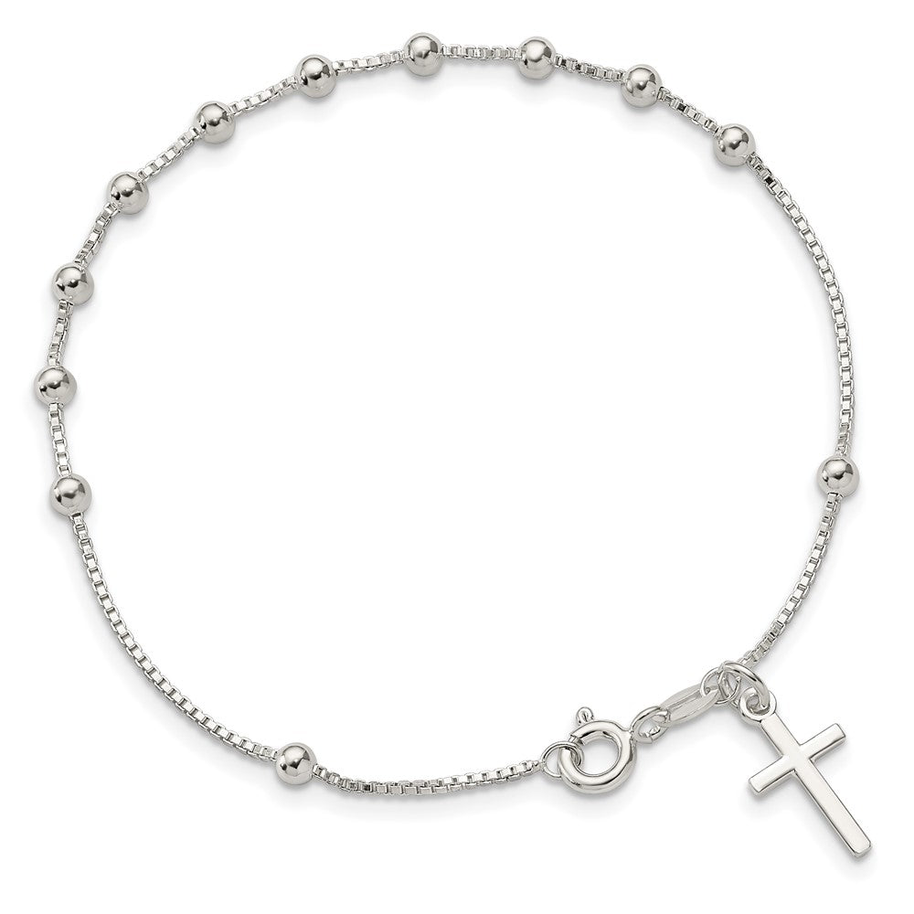 Sterling Silver Polished Beaded Cross 7.25in Bracelet 7.25 inches