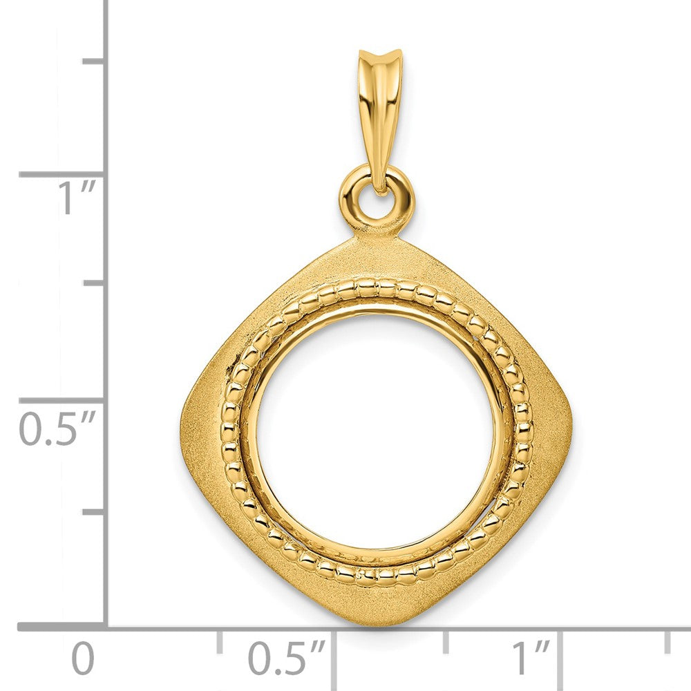 Wideband Distinguished Coin Jewelry 14k Polished Textured and Beaded Diamond Shaped 15.0mm Prong Coin Bezel Pendant