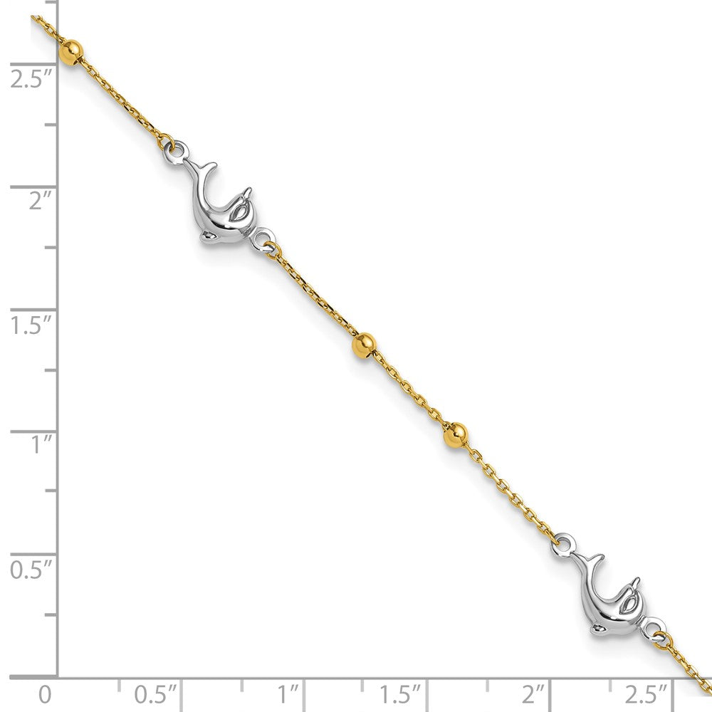 14K Two-tone Polished Beads and Three Dolphins 9 inch with 1 inch Extender Anklet