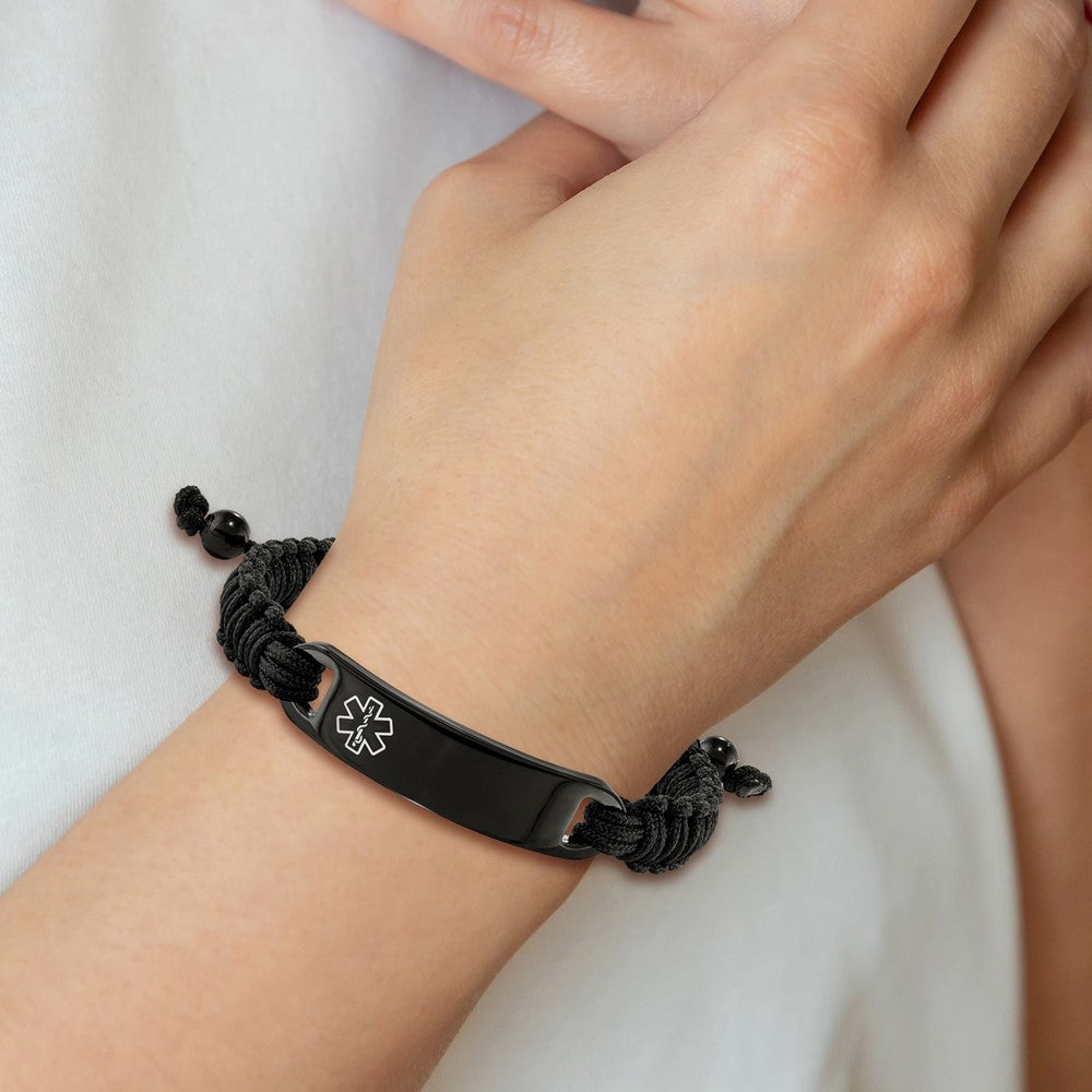Stainless Steel Polished Black IP Nylon Adjustable Medical ID Bracelet 9.5 inches