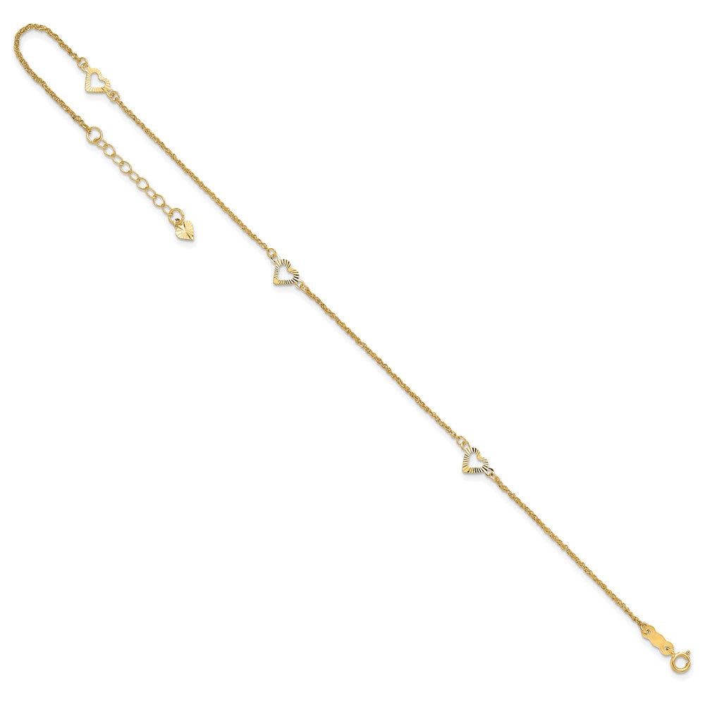 14k Diamond-cut Hearts 9in Plus 1in ext Anklet 10 inches