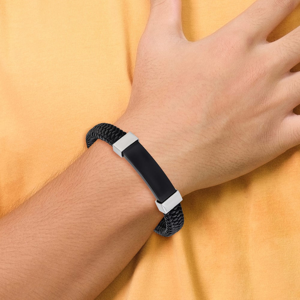 Stainless Steel Polished Black IP-plated Black Leather 8.5in Bracelet 8.5 inches