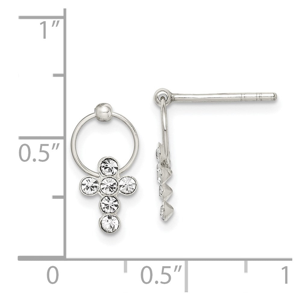 Sterling Silver Polished CZ Cross Circle Post Dangle Earrings