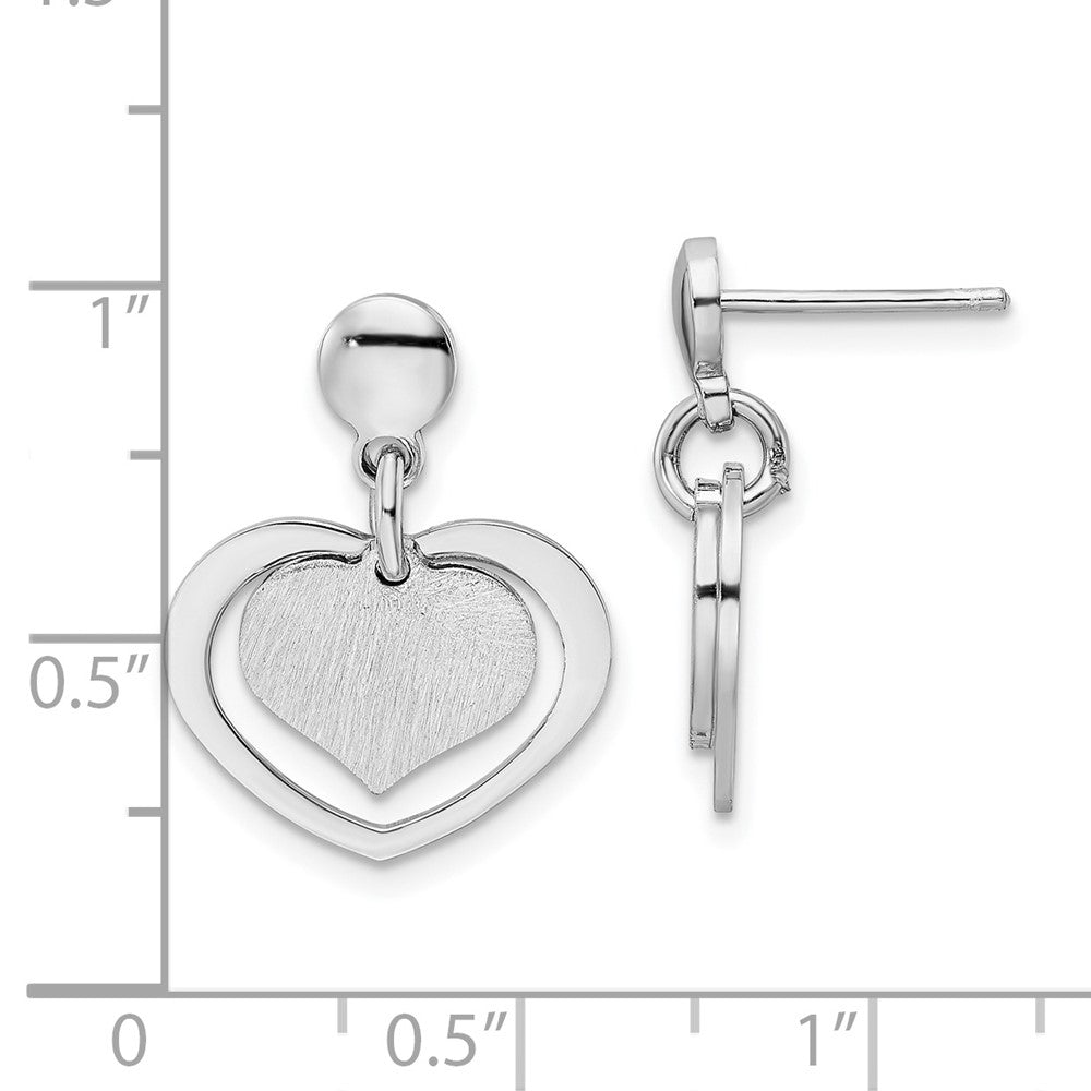 Sterling Silver Rhodium-plated Satin Heart in Heart Dangle Post Earrings