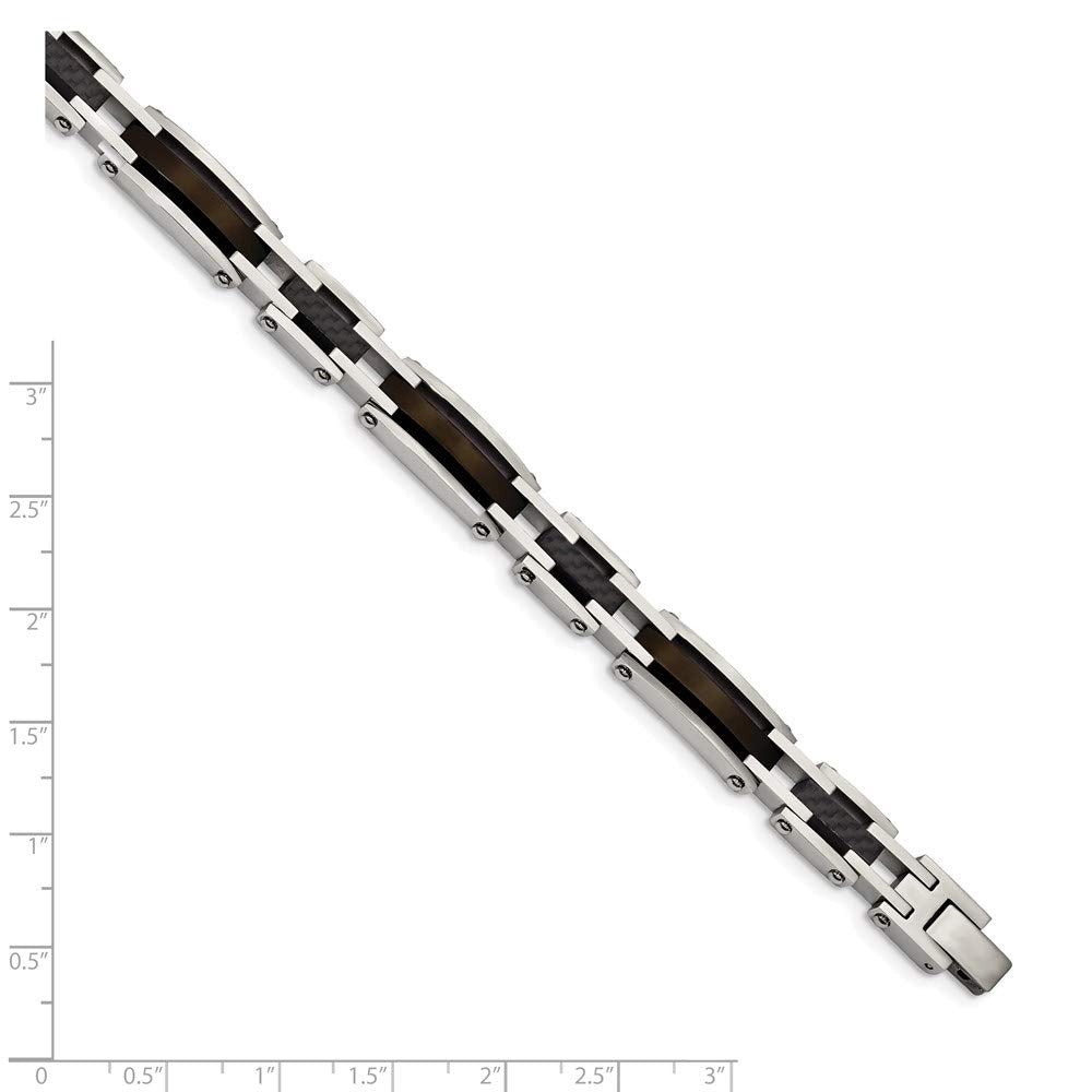 Stainless Steel Polished Blk IP-plated w/Solid Black Carbon Fiber Bracelet 8.25 inches