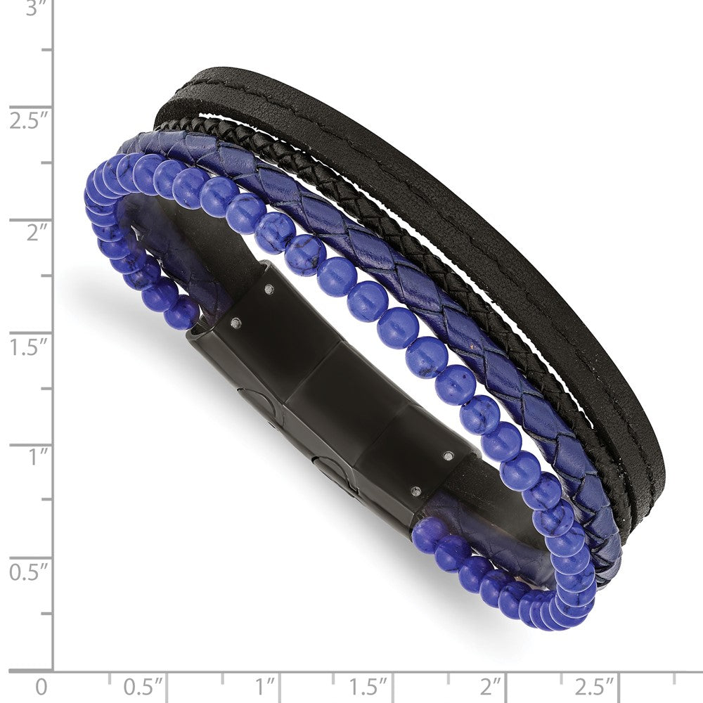 Stainless Steel Polished Black IP with Lapis Leather w/.5in ext Bracelet