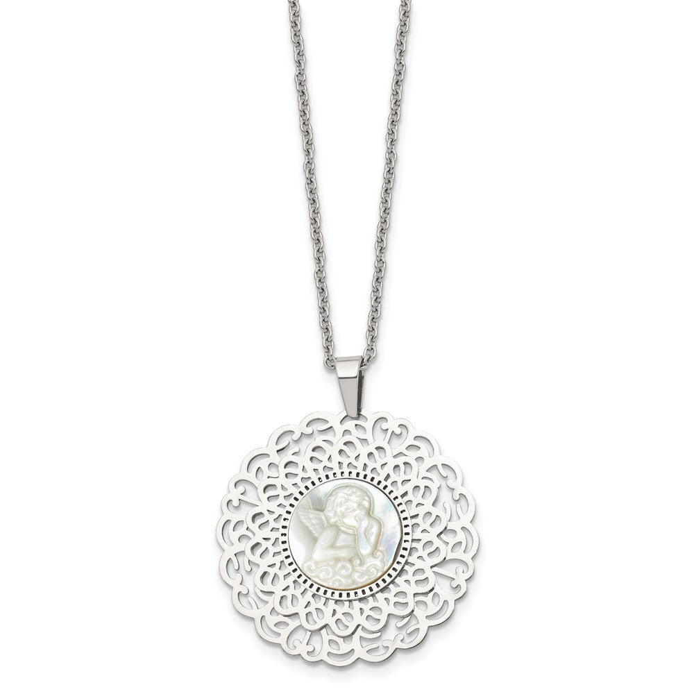 Stainless Steel Polished Mother of Pearl Angel 22in Necklace