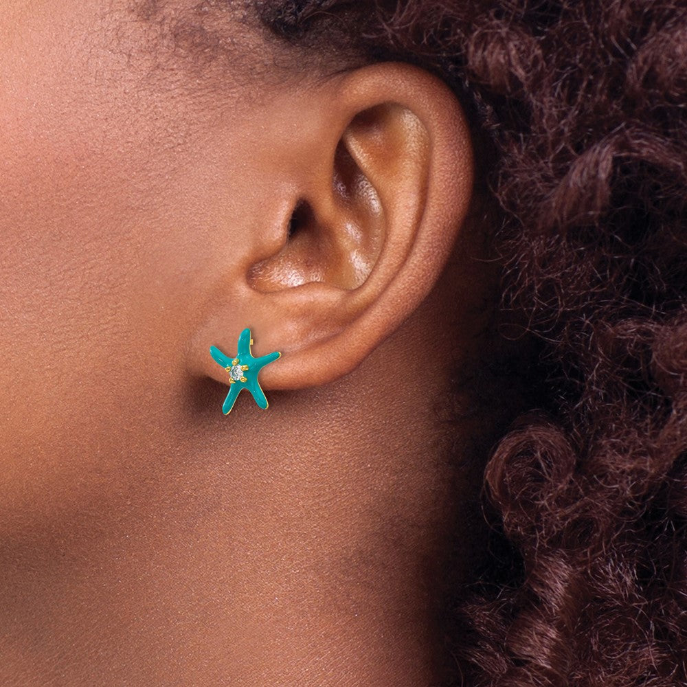 Cheryl M Sterling Silver Gold-plated Polished Blue Enamel and CZ Starfish Post Earrings