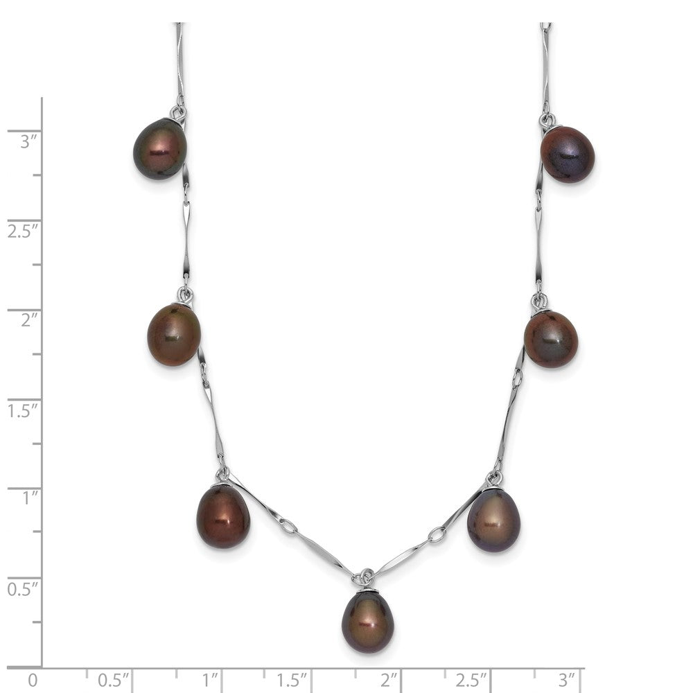 Sterling Silver Rhodium-plated 7-8mm Black Teardrop Freshwater Cultured Pearl Dangle 7-Station 17.5 inch Necklace 17.5 Inches