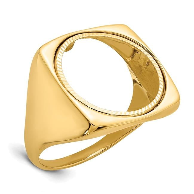 Wideband Distinguished Coin Jewelry 14k Men's Polished and Diamond-cut Square Shaped 16.5mm Coin Bezel Ring