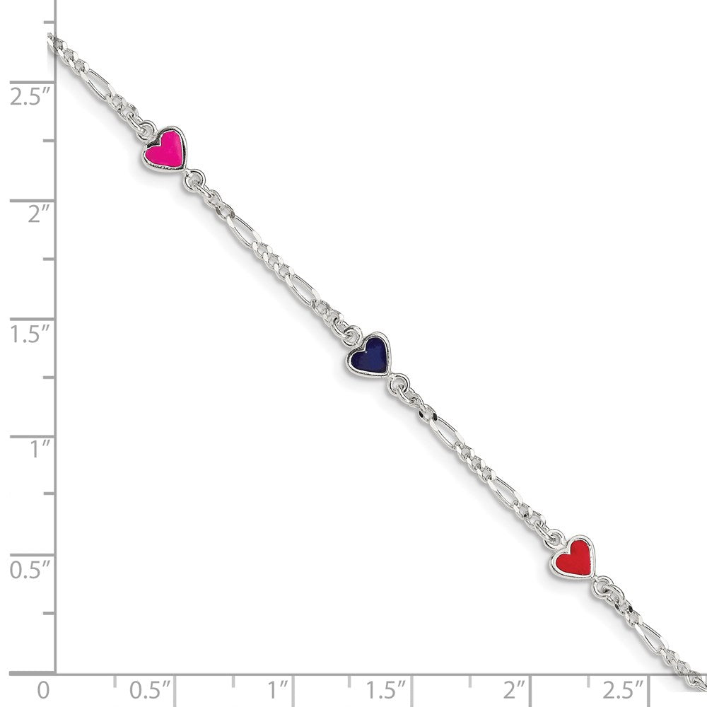 Sterling Silver Polished & Multi-color Enameled Hearts with 1 Inch Extension Children's Bracelet 6 inches