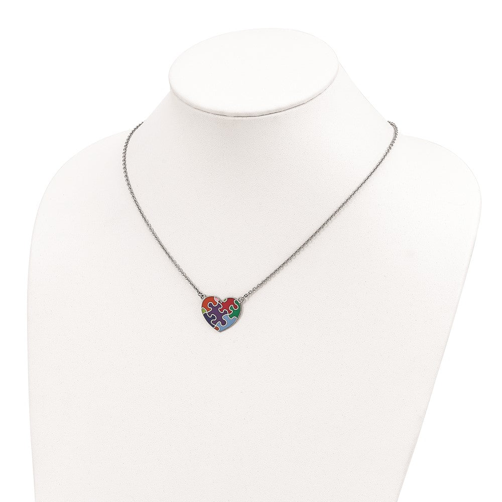 Sterling Silver Rhod-plated Enameled Autism Heart Necklace 18 Inches