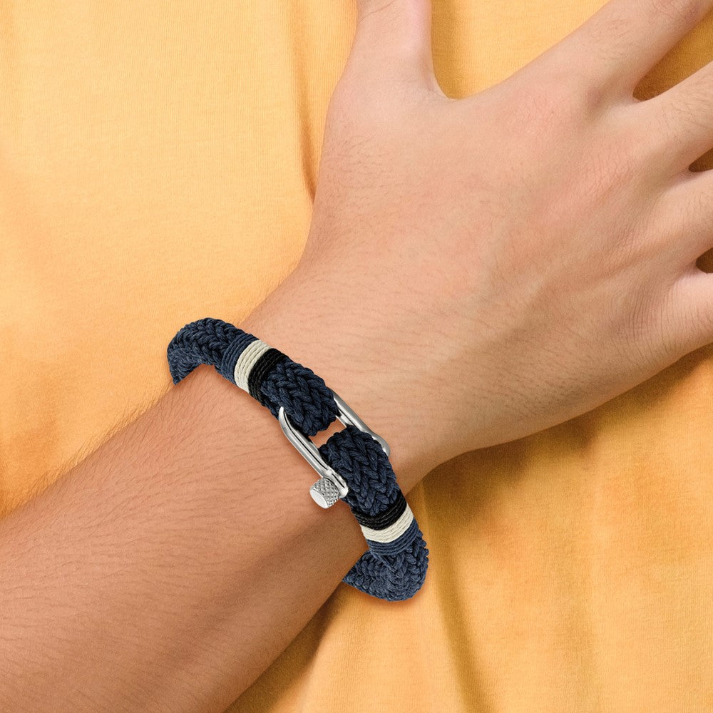 Stainless Steel Polished Woven Navy Cotton 8.5in Bracelet 8.5 inches