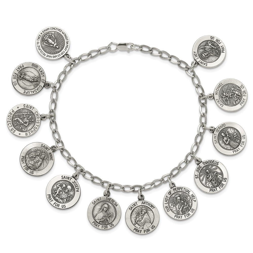 Sterling Silver Antiqued 12 Saints 8in Bracelet 7 inches