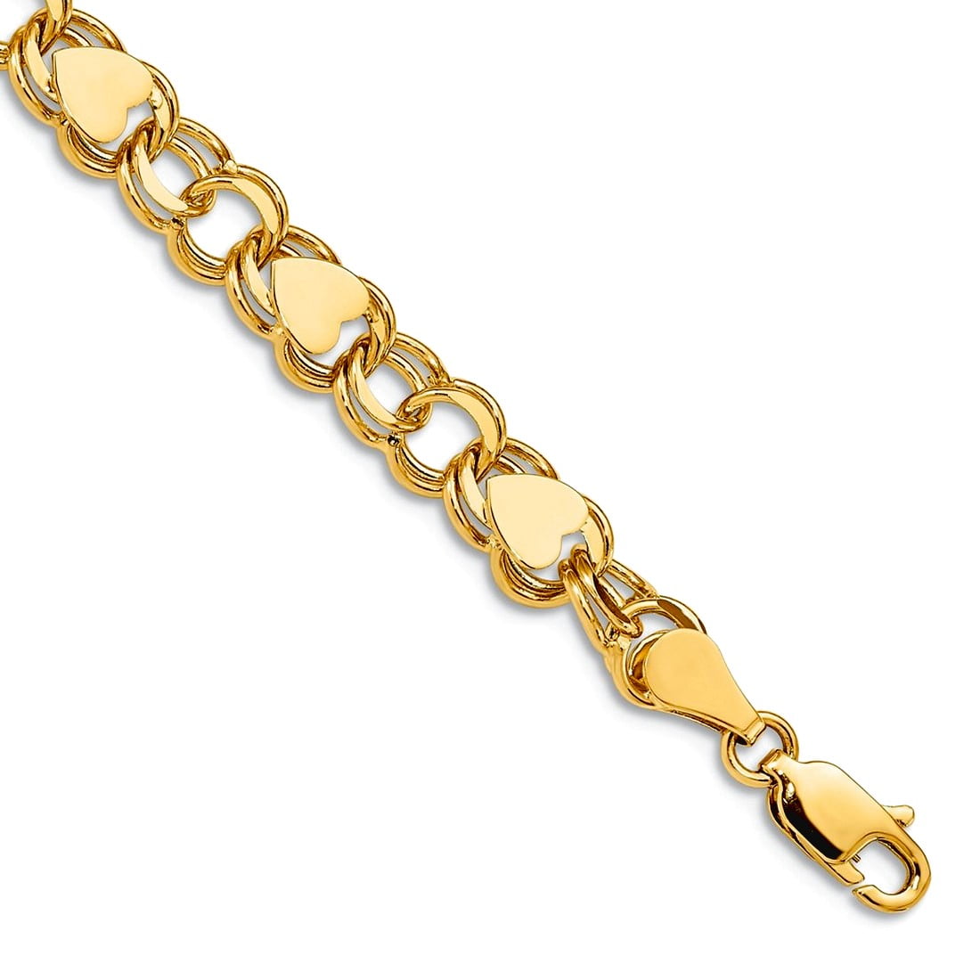 14k 7mm Solid Double Link with Hearts 8 inch Charm Bracelet
